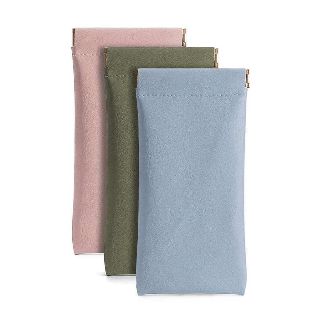 9870 3 Pack Leather Eyeglasses Cases PU Soft Sunglasses Pouch Squeeze Top